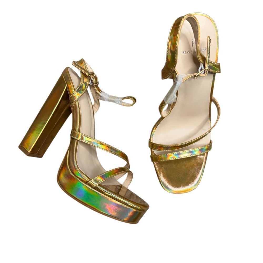 NWB Halston Heritage Sardinia Metallic Gold Block Heel Sandals Size 6 - Picture 3 of 9